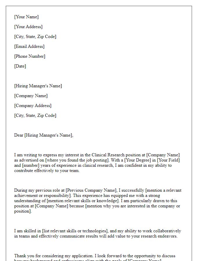 Letter template of clinical research position cover letter