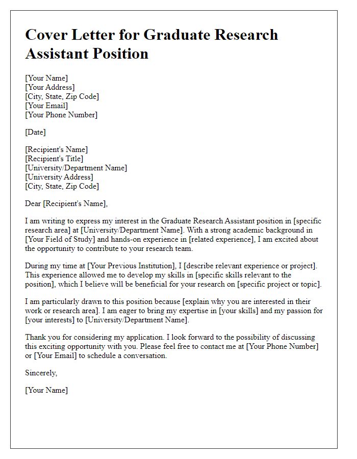 Letter template of graduate research assistant application cover letter