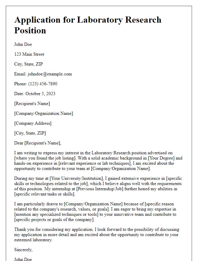 Letter template of laboratory research job application cover letter