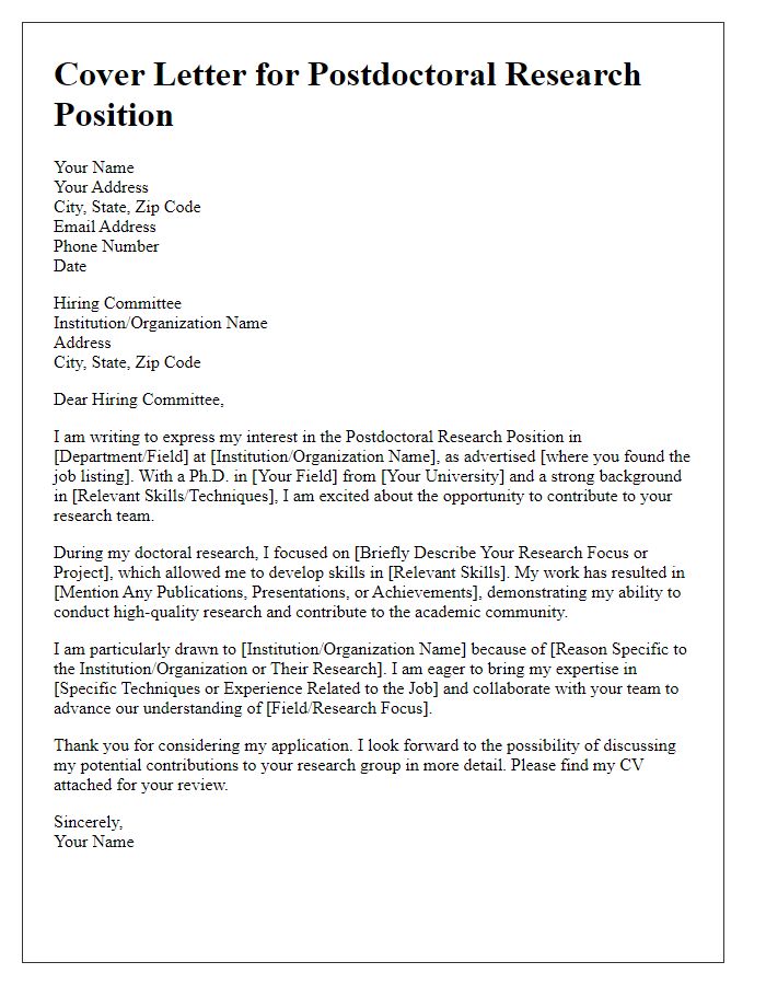 Letter template of postdoctoral research position cover letter