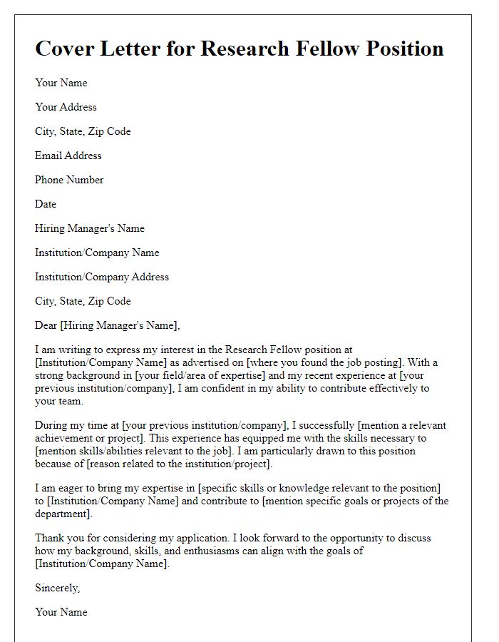 Letter template of research fellow job application cover letter