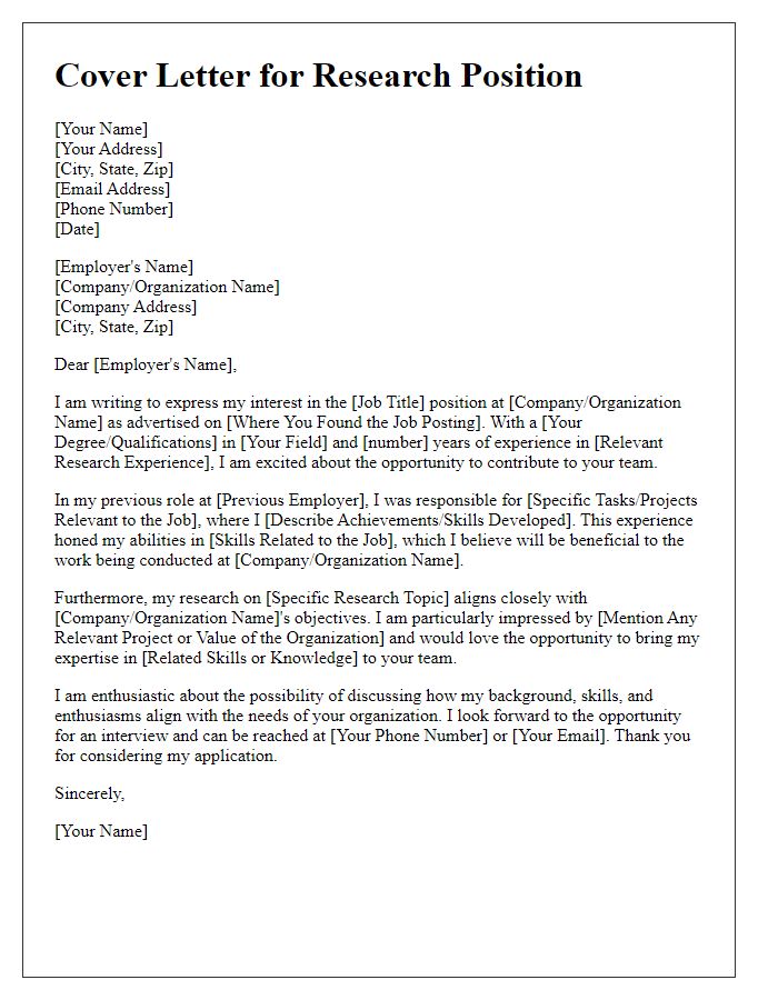 Letter template of research-focused job application cover letter