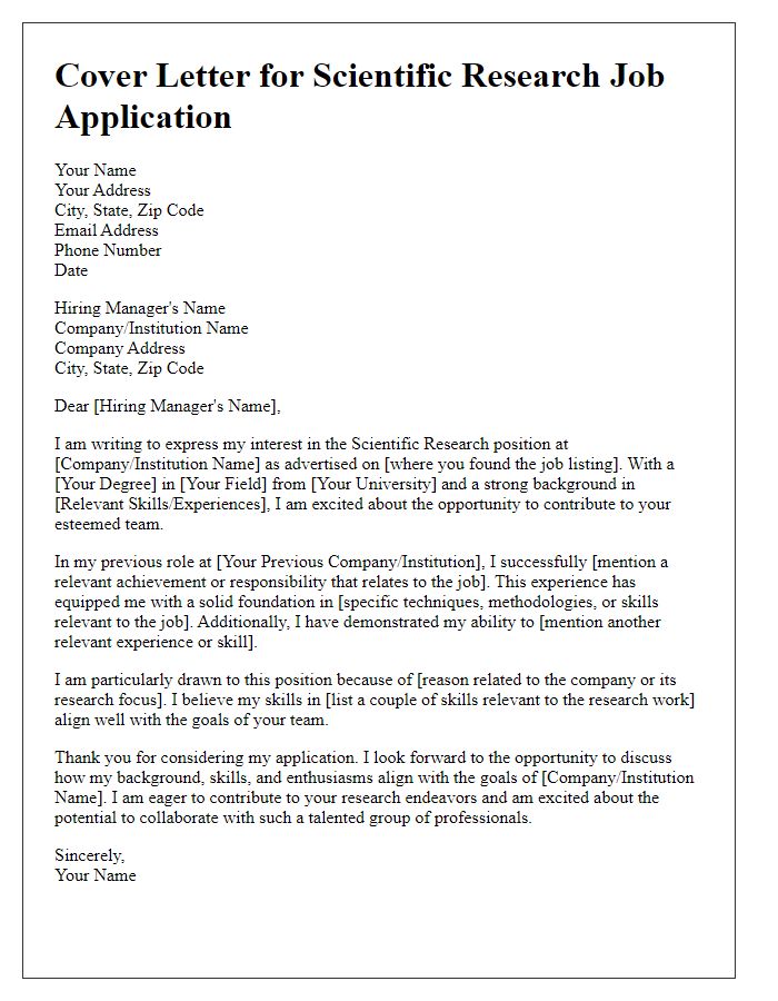 Letter template of scientific research job application cover letter