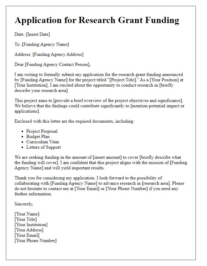 Letter template of application for research grant funding announcement