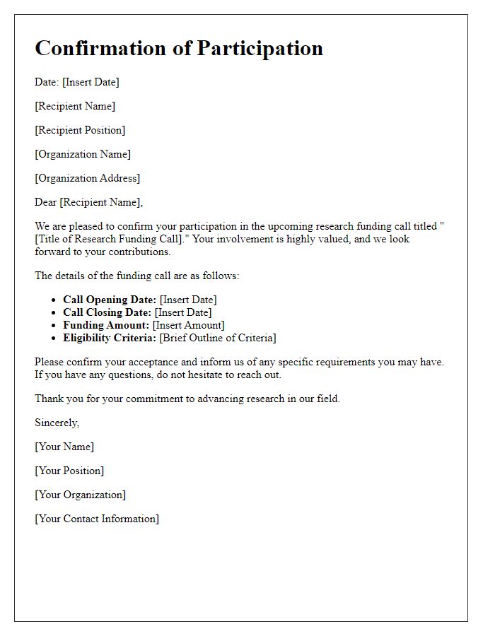 Letter template of confirmation of participation in research funding call