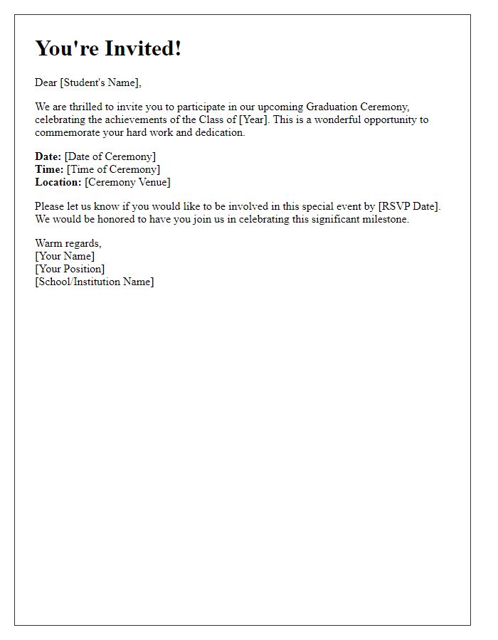 Letter template of invitation for student graduation ceremony involvement.