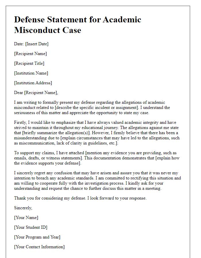 Letter template of defense statement for academic misconduct case