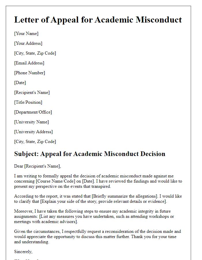 Letter template of explanation for academic misconduct appeal