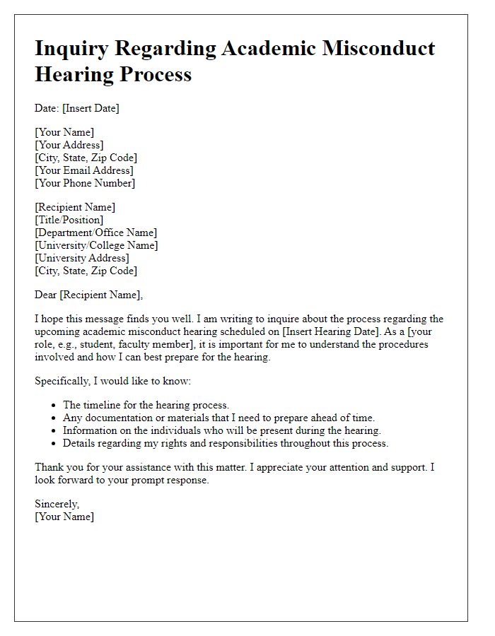 Letter template of inquiry regarding academic misconduct hearing process