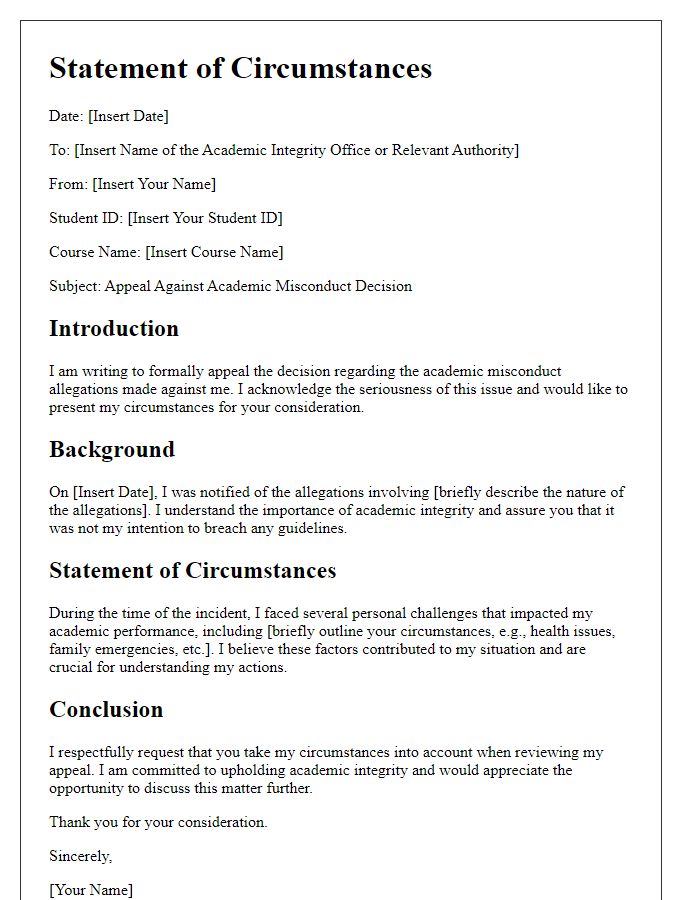 Letter template of statement of circumstances in academic misconduct appeal