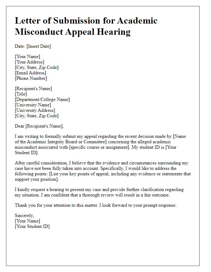 Letter template of submission for academic misconduct appeal hearing