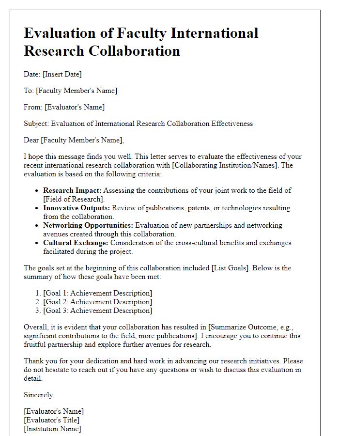 Letter template of evaluation of faculty international research collaboration effectiveness.