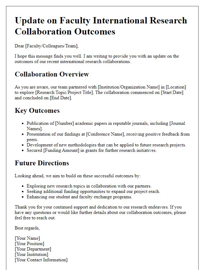 Letter template of update on faculty international research collaboration outcomes.