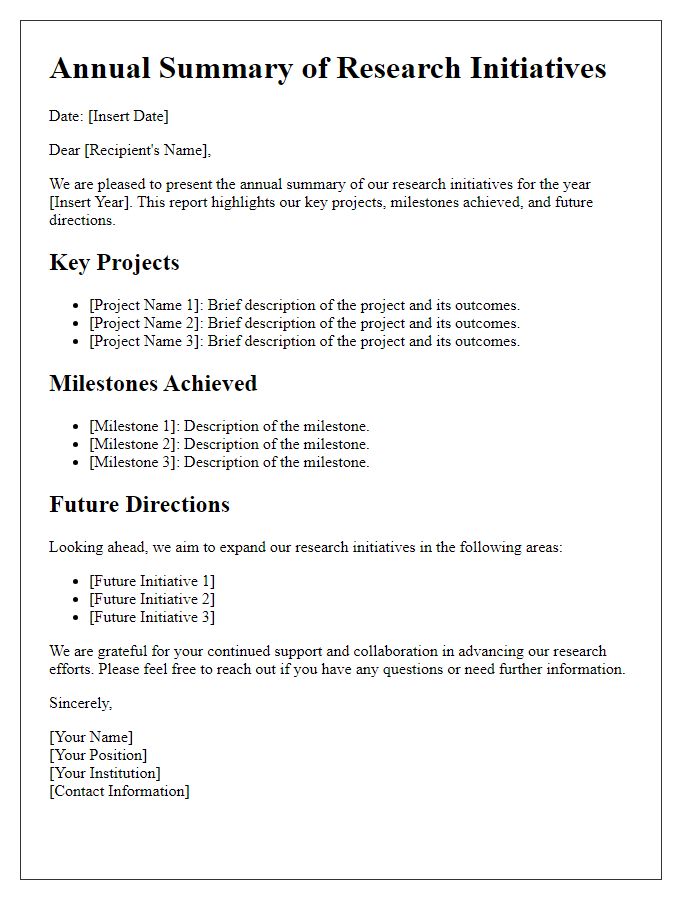 Letter template of research initiatives annual summary