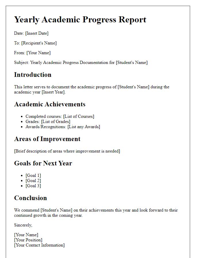 Letter template of yearly academic progress documentation