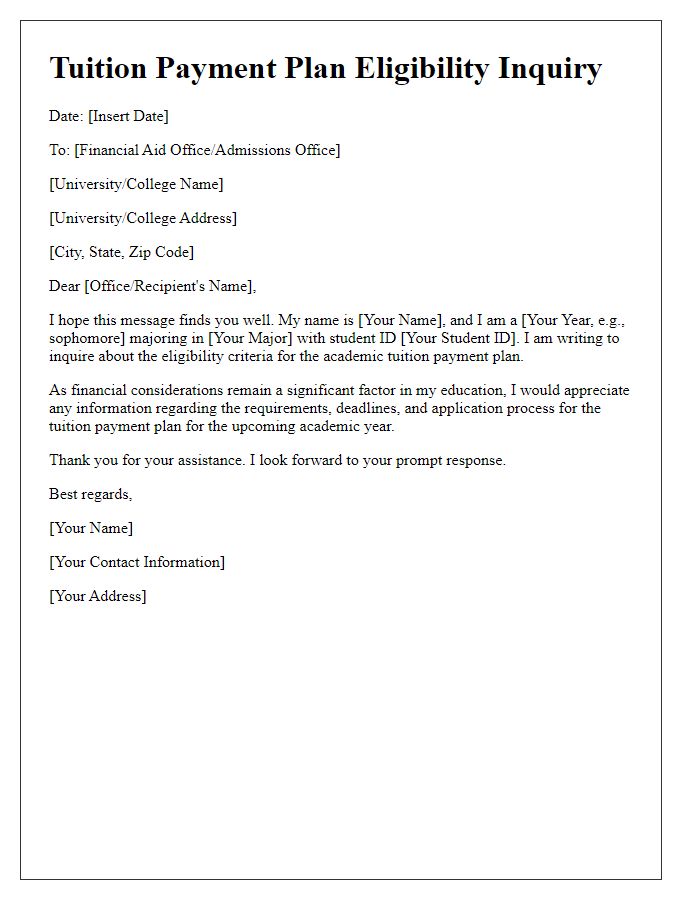 Letter template of academic tuition payment plan eligibility inquiry