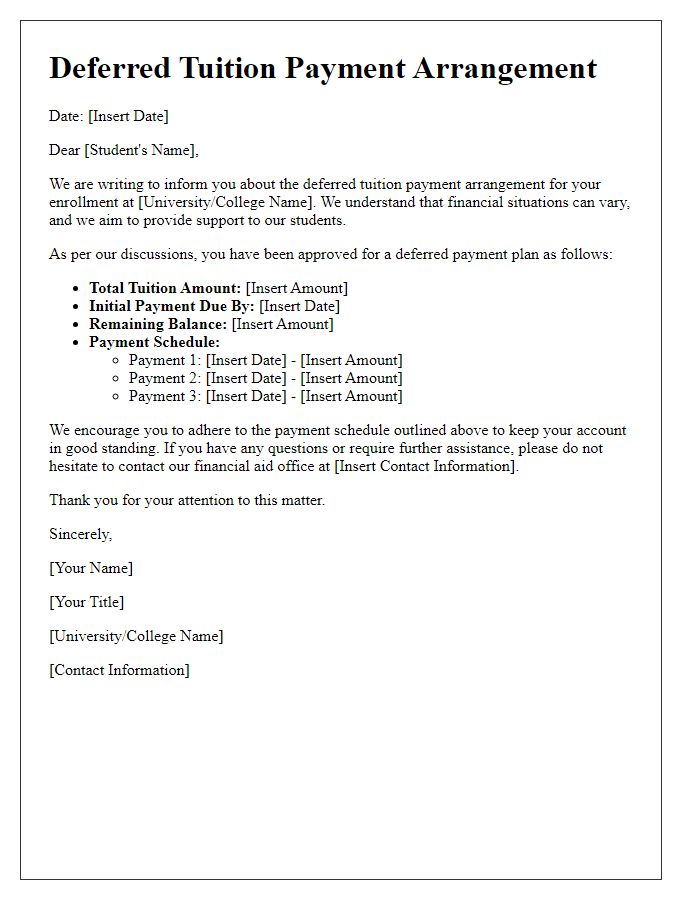 Letter template of deferred tuition payment arrangement for enrolled students