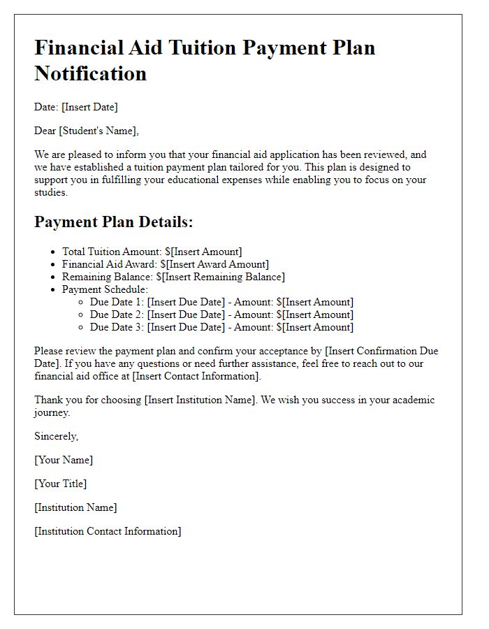 Letter template of financial aid tuition payment plan notification