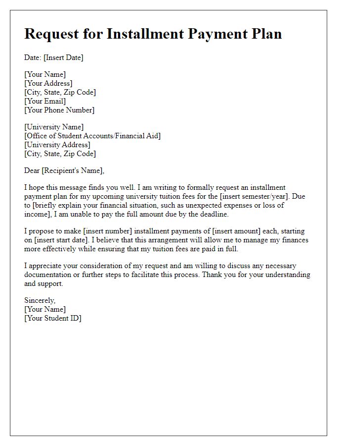 Letter template of installment payment request for university tuition fees