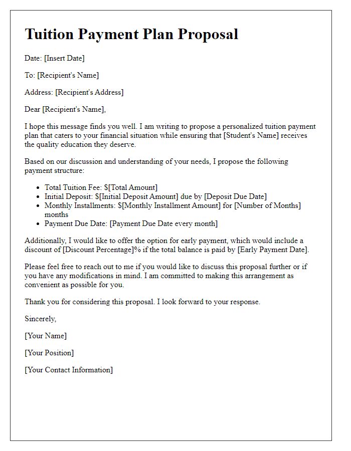 Letter template of personalized tuition payment plan proposal