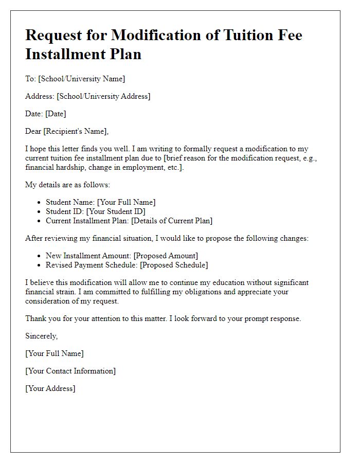 Letter template of tuition fee installment plan modification request