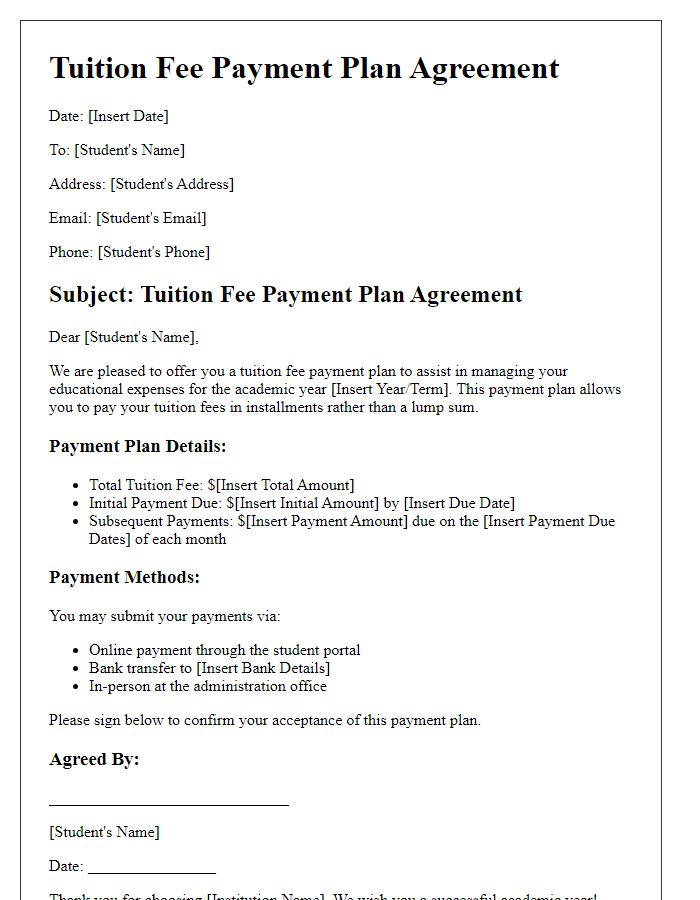 Letter template of tuition fee payment plan agreement for students