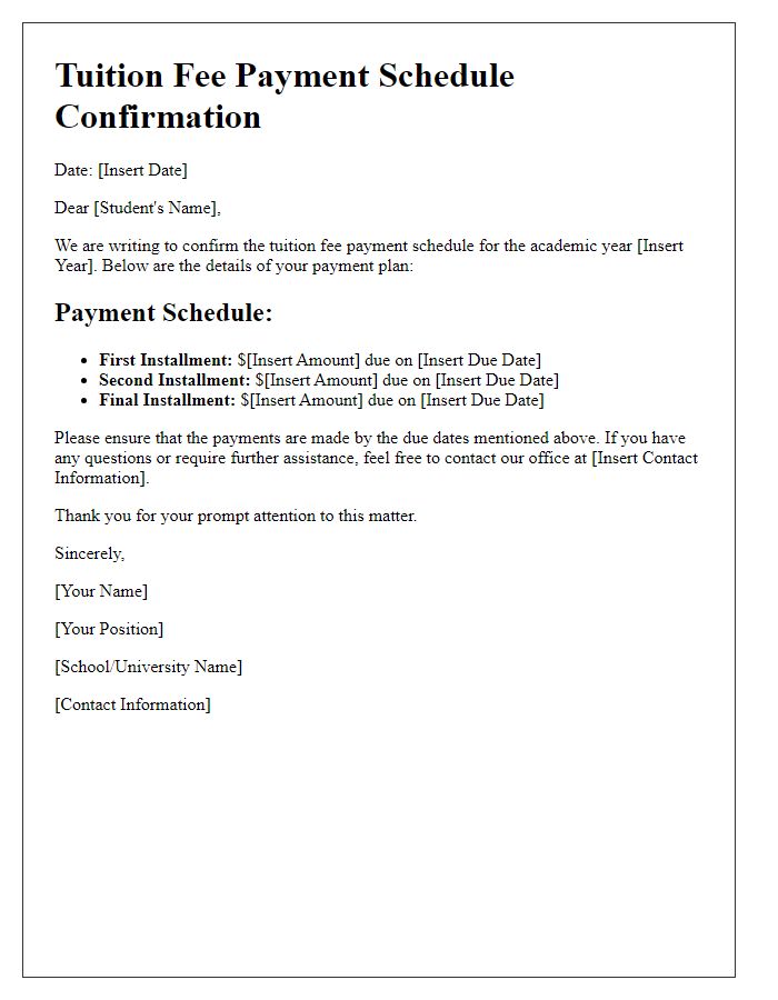 Letter template of tuition fee payment schedule confirmation