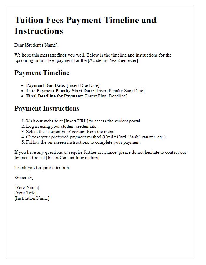 Letter template of tuition fees payment timeline and instructions