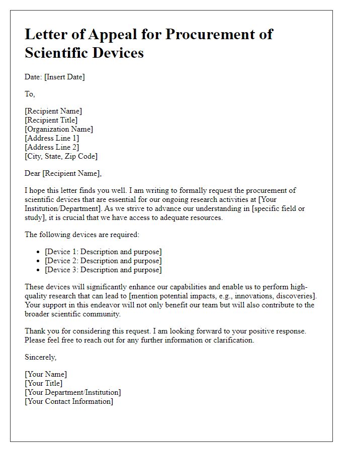 Letter template of appeal for procurement of scientific devices