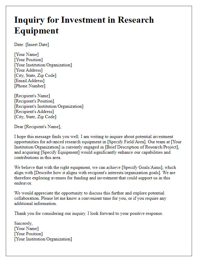 Letter template of inquiry for investment in research equipment