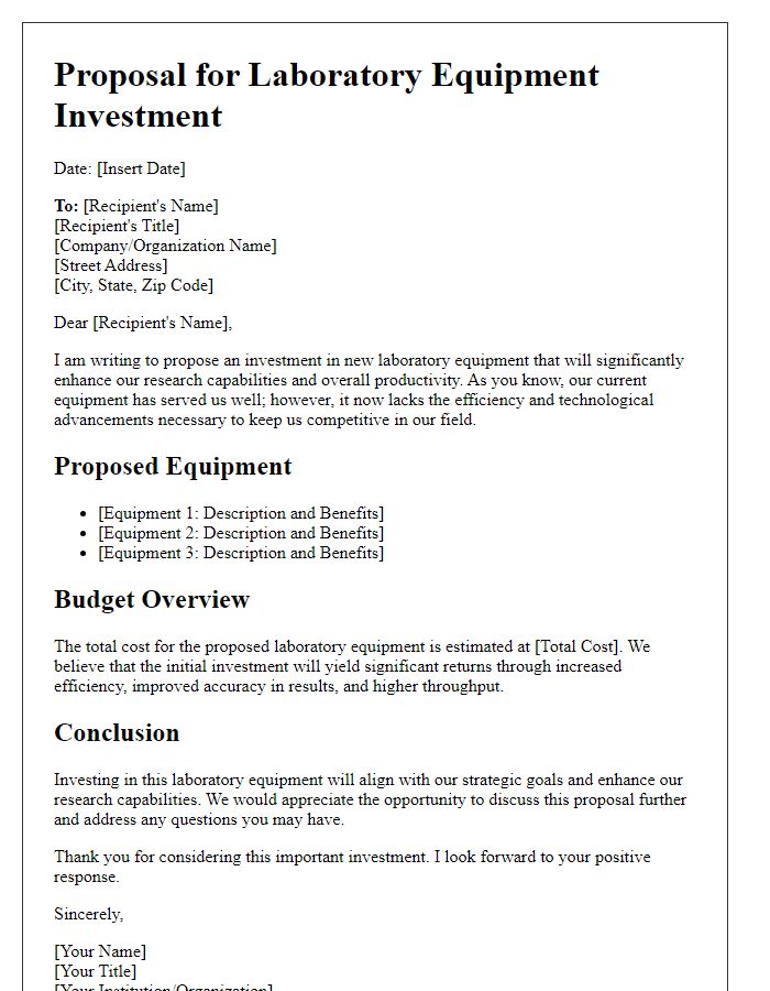 Letter template of proposal for laboratory equipment investment