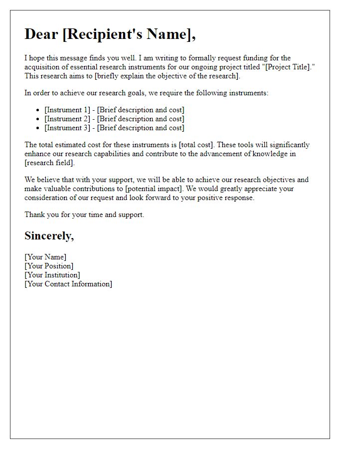 Letter template of request for funding to purchase research instruments