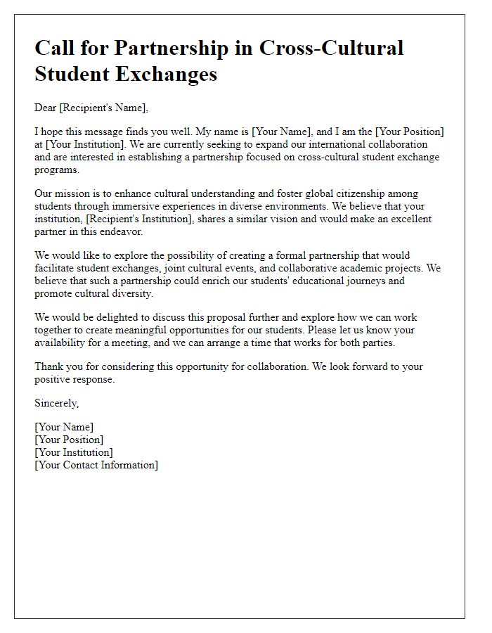 Letter template of Call for Partnership in Cross-Cultural Student Exchanges