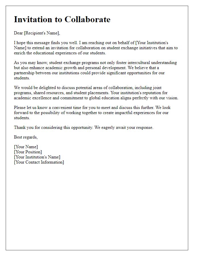 Letter template of Invitation to Collaborate on Student Exchange Initiatives