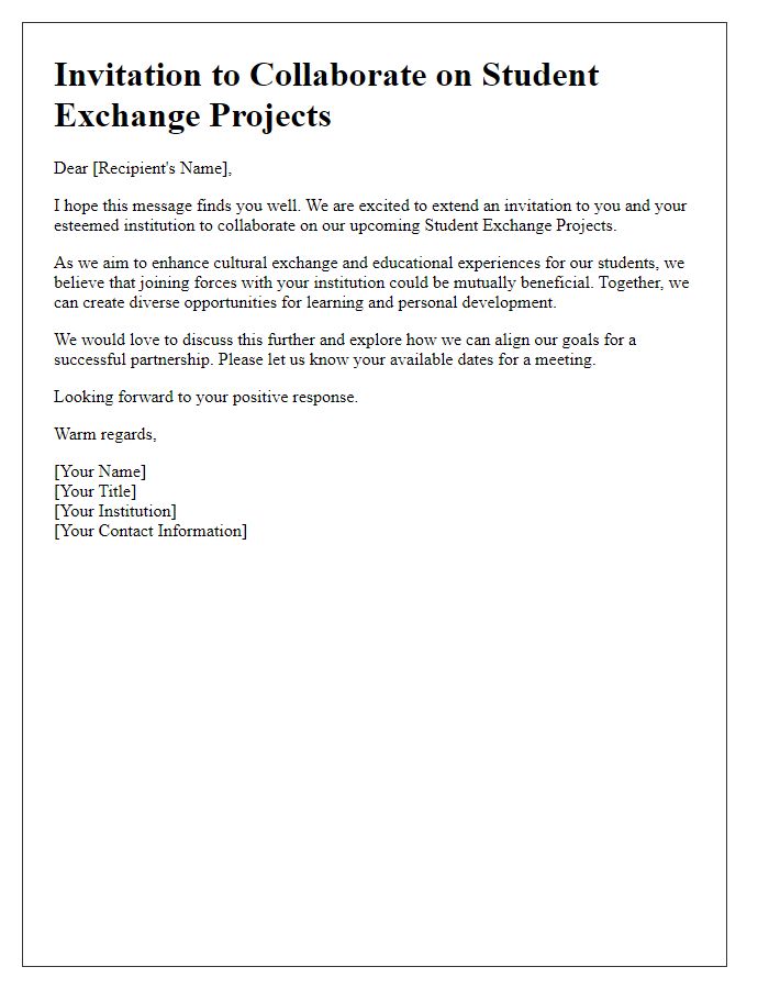 Letter template of Invitation to Join Forces on Student Exchange Projects