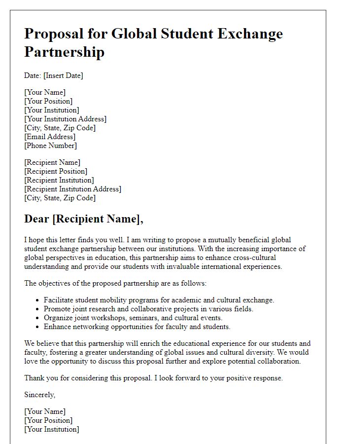 Letter template of Proposal for Global Student Exchange Partnership