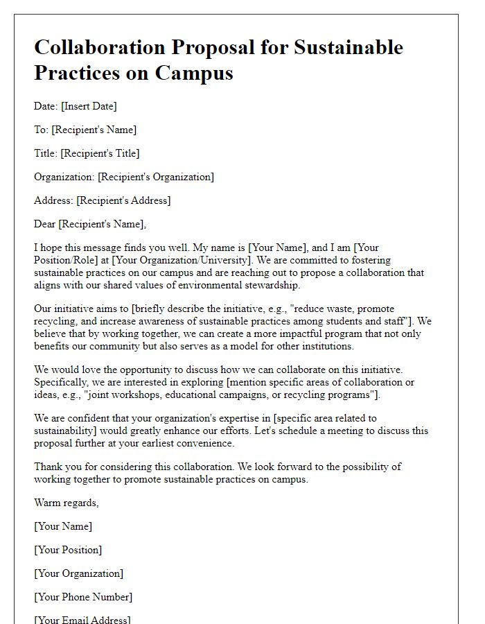 Letter template of collaboration proposal for sustainable practices on campus