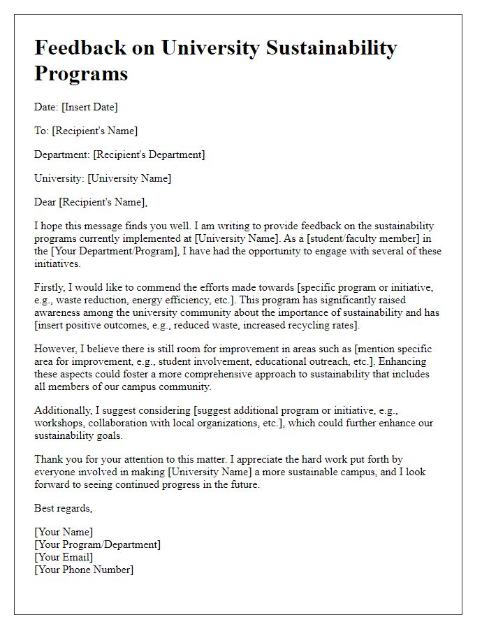 Letter template of feedback on university sustainability programs