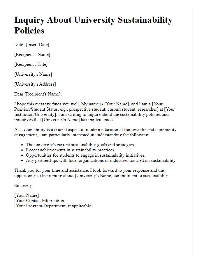 Letter template of inquiry about university sustainability policies