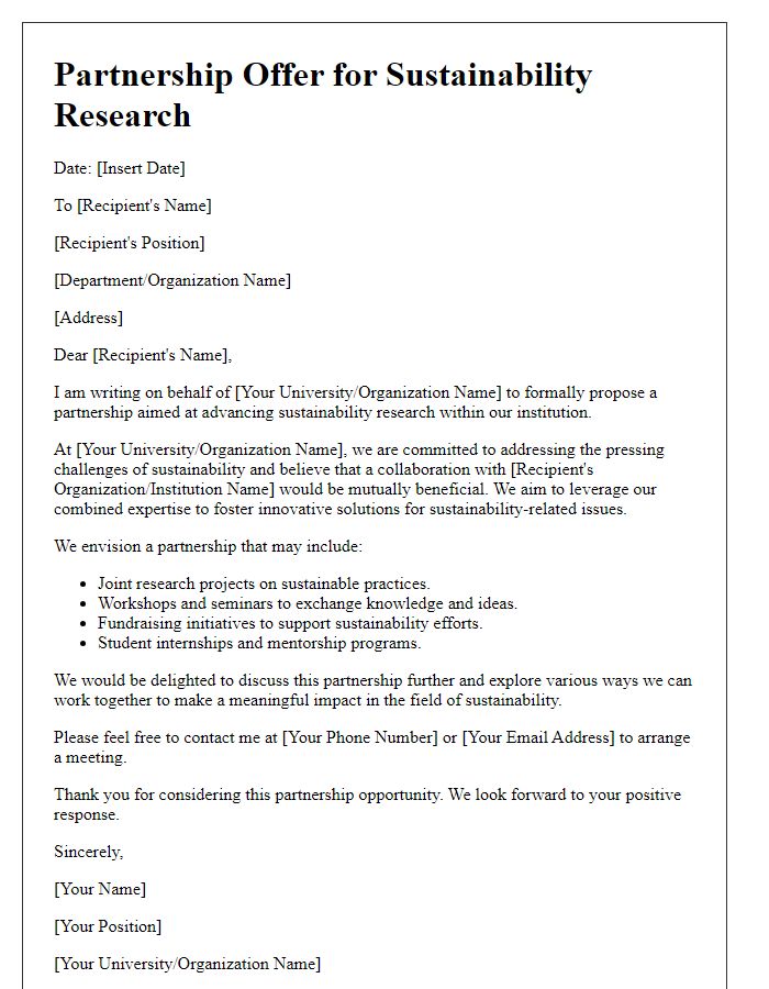 Letter template of partnership offer for sustainability research at the university