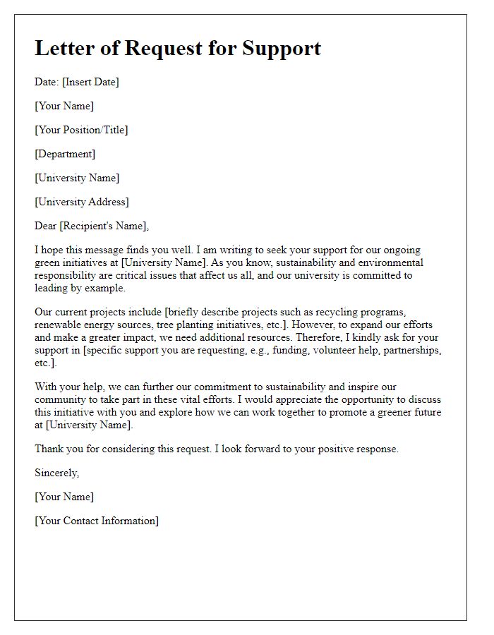 Letter template of request for support in university green initiatives