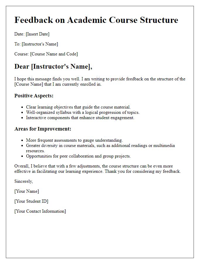 Letter template of feedback on academic course structure