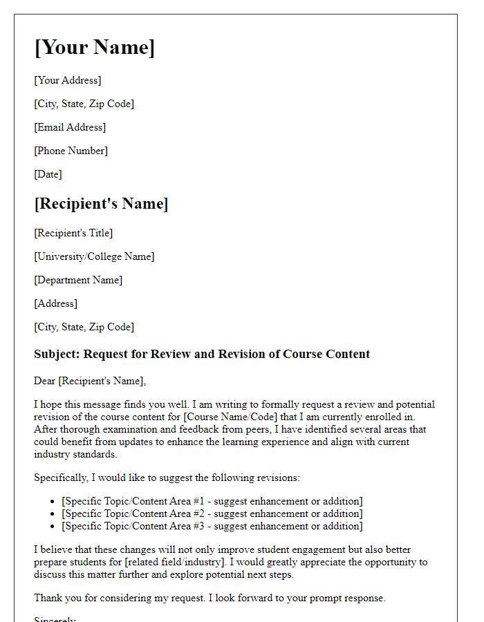 Letter template of formal request for academic course content revision