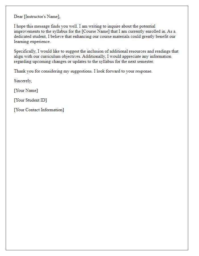 Letter template of inquiry regarding course syllabus improvements