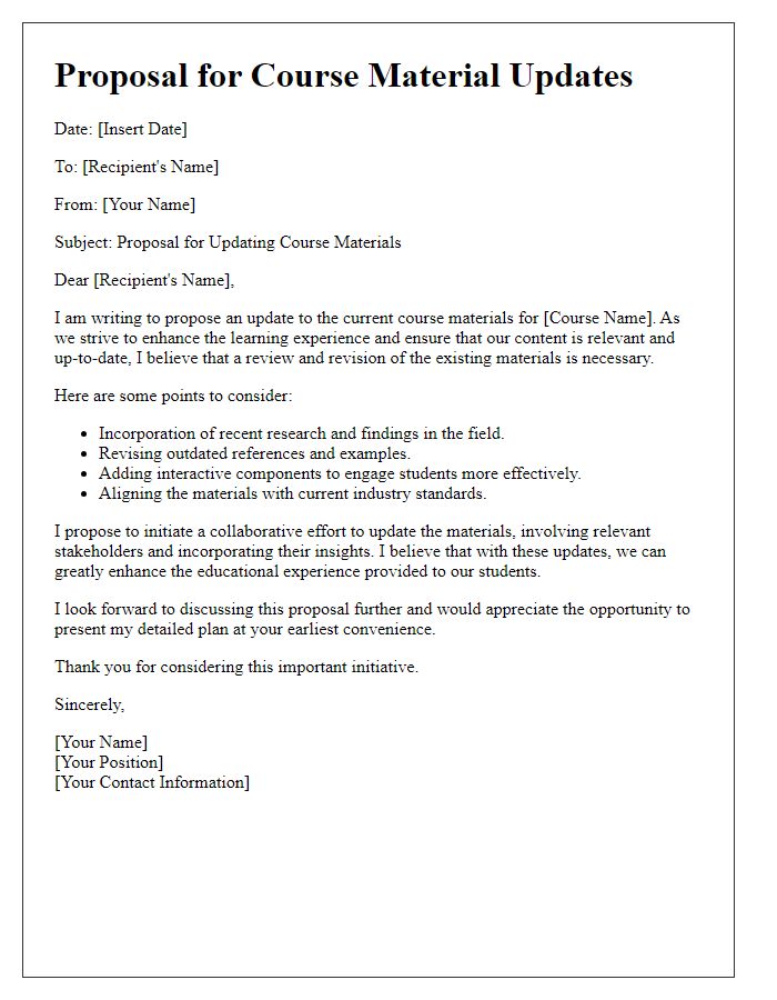 Letter template of proposal for course material updates