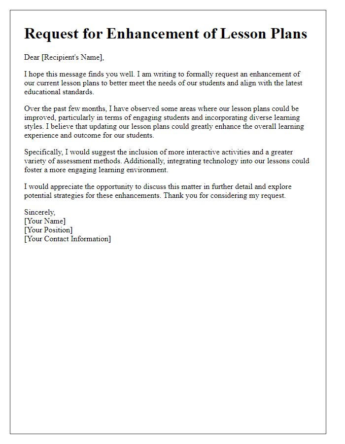 Letter template of request for enhancement of lesson plans