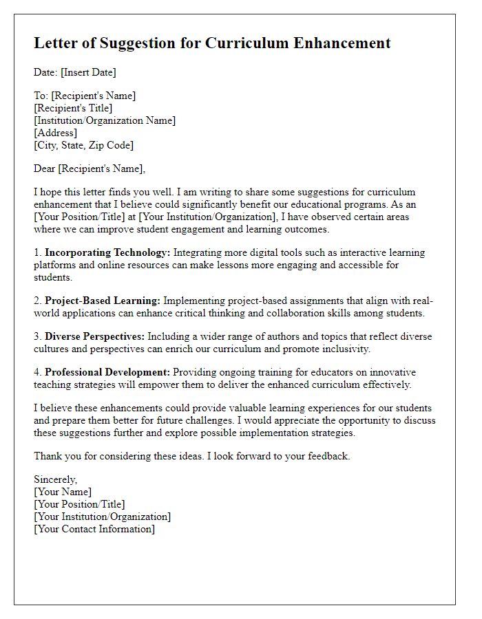 Letter template of suggestion for curriculum enhancement