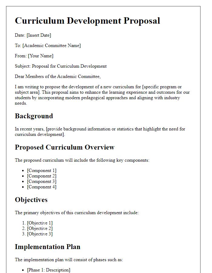 Letter template of a curriculum development proposal for academic committee