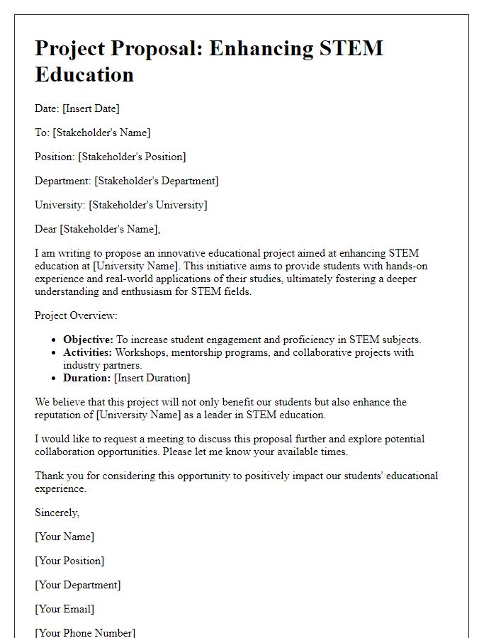 Letter template of an educational project proposal for university stakeholders