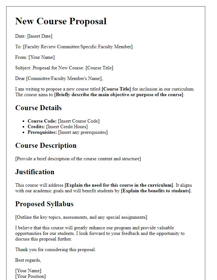 Letter template of a new course proposal for faculty review